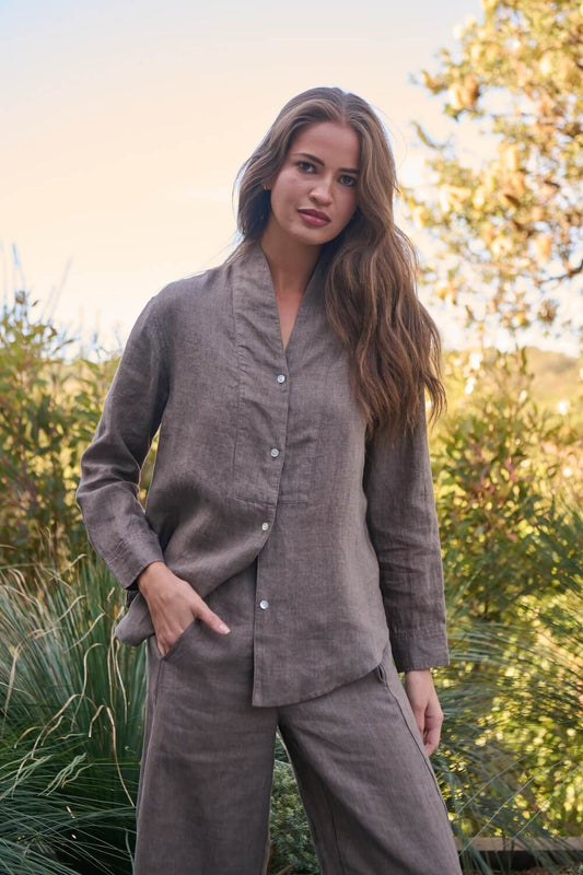 Naturals by O & J - GA649 Stand Collar Blouse - Cigar