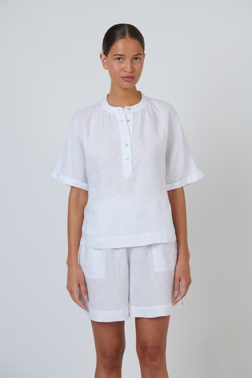 Naturals by O & J - Half Button Down Linen Top (GA689) - White