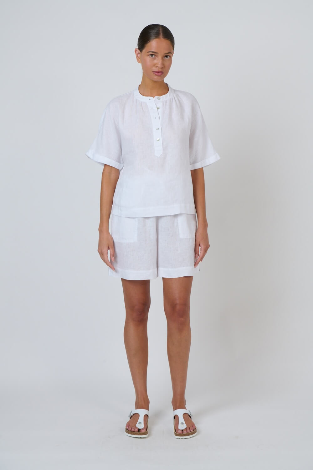 Naturals by O & J - Half Button Down Linen Top (GA689) - White