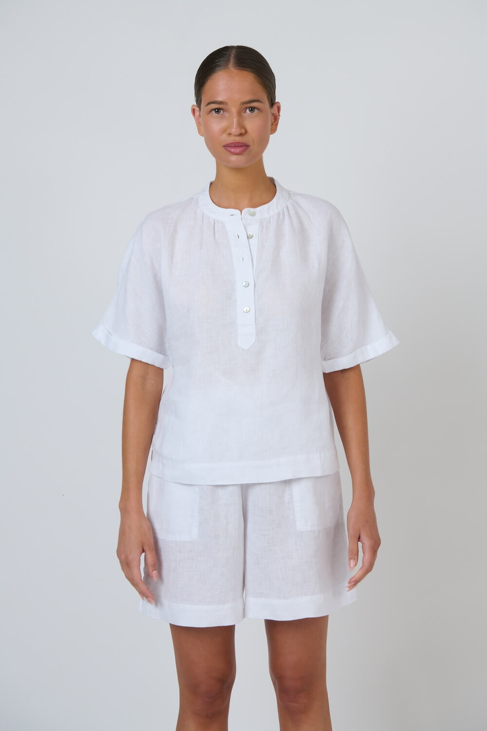Naturals by O & J - Half Button Down Linen Top (GA689) - White