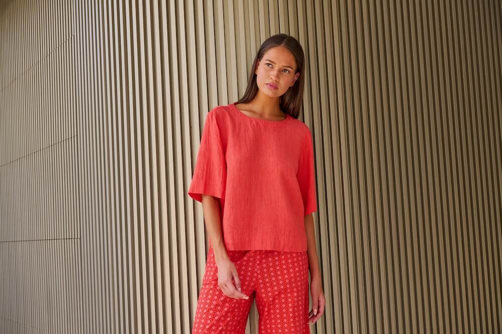 Naturals by O & J - Round Neck 3/4 Sleeve Blouse (GA724B) - Sunset Strip