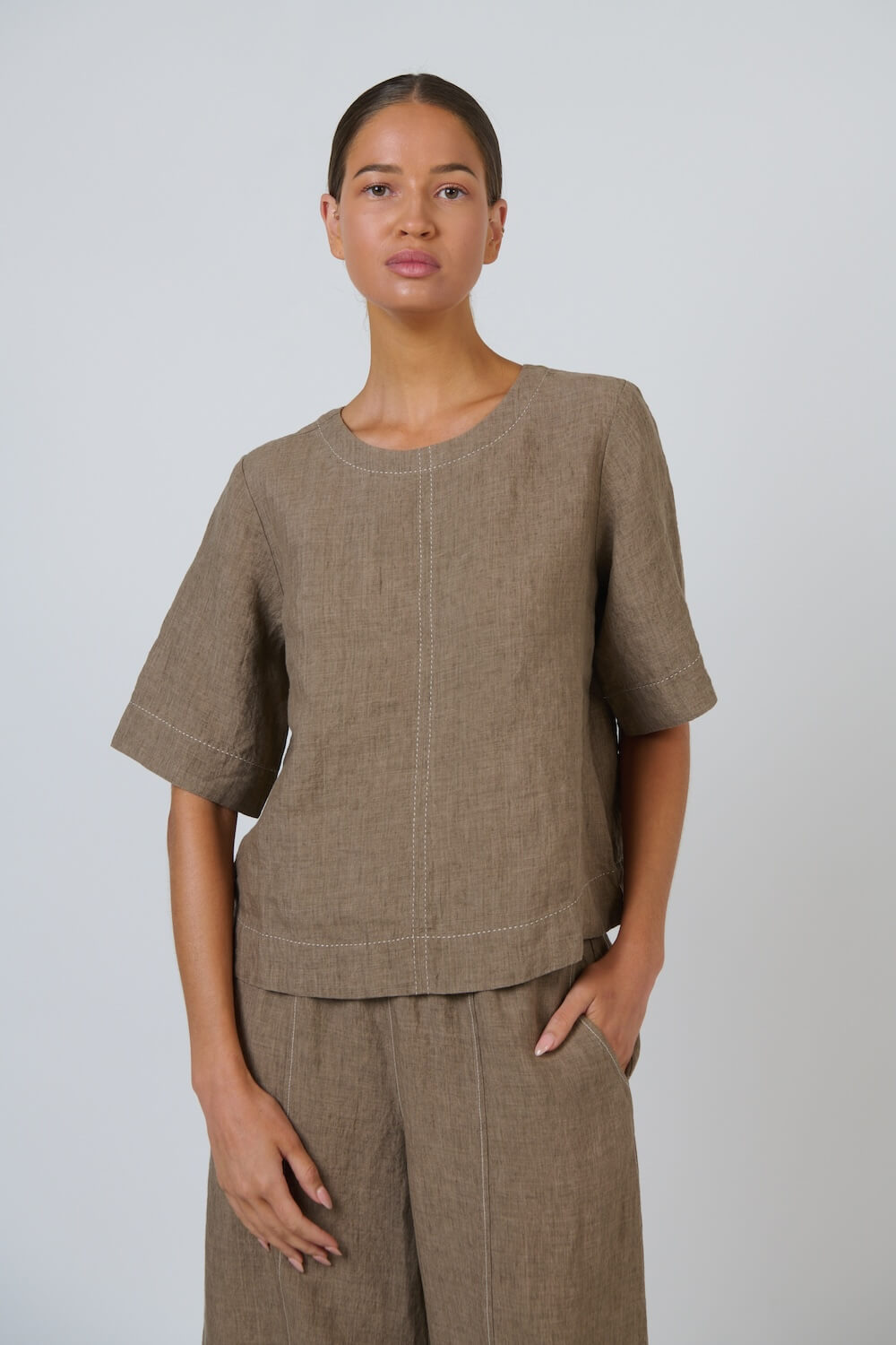 Naturals by O & J - Round Neck Linen Tunic (GA724A) - Agate