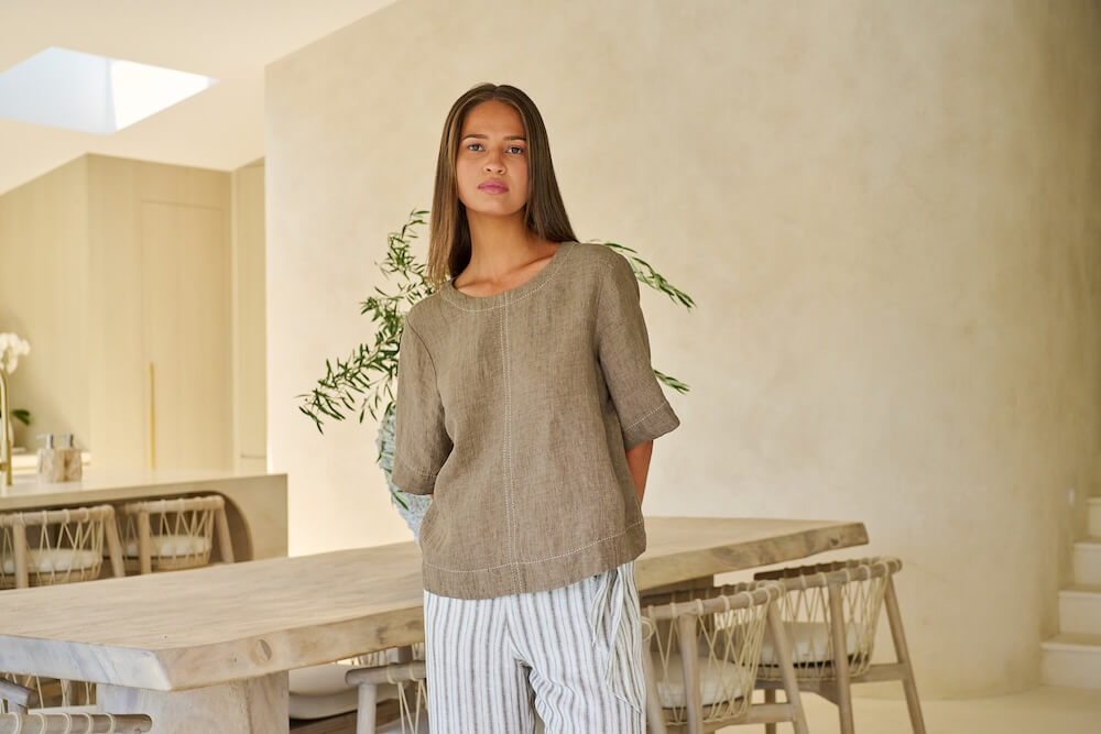 Naturals by O & J - Round Neck Linen Tunic (GA724A) - Agate