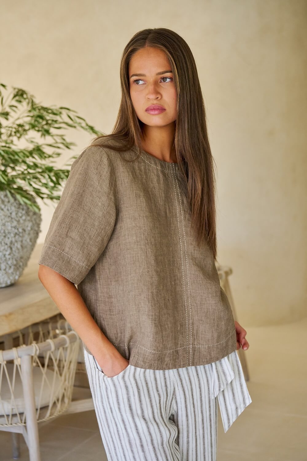 Naturals by O & J - Round Neck Linen Tunic (GA724A) - Agate