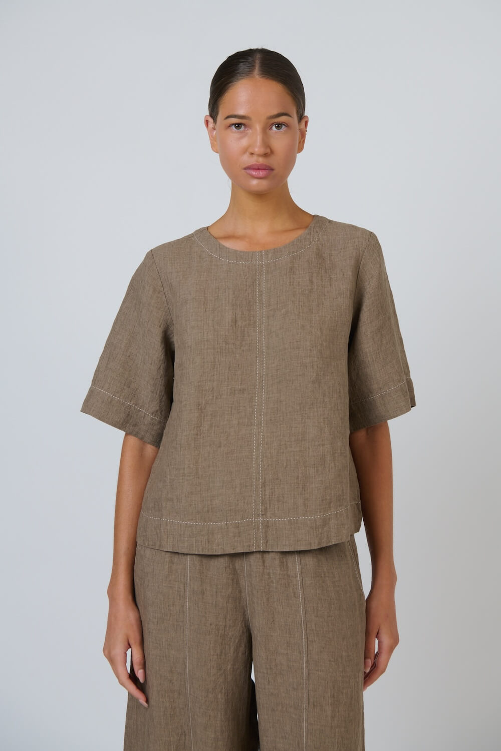 Naturals by O & J - Round Neck Linen Tunic (GA724A) - Agate