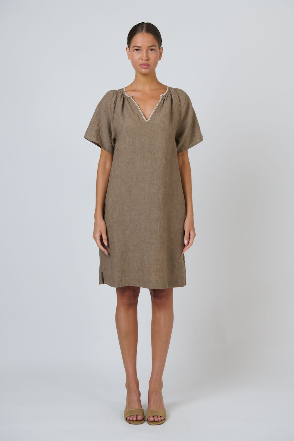 Naturals by O & J - V Neck Linen Dress (GA703) - Agate