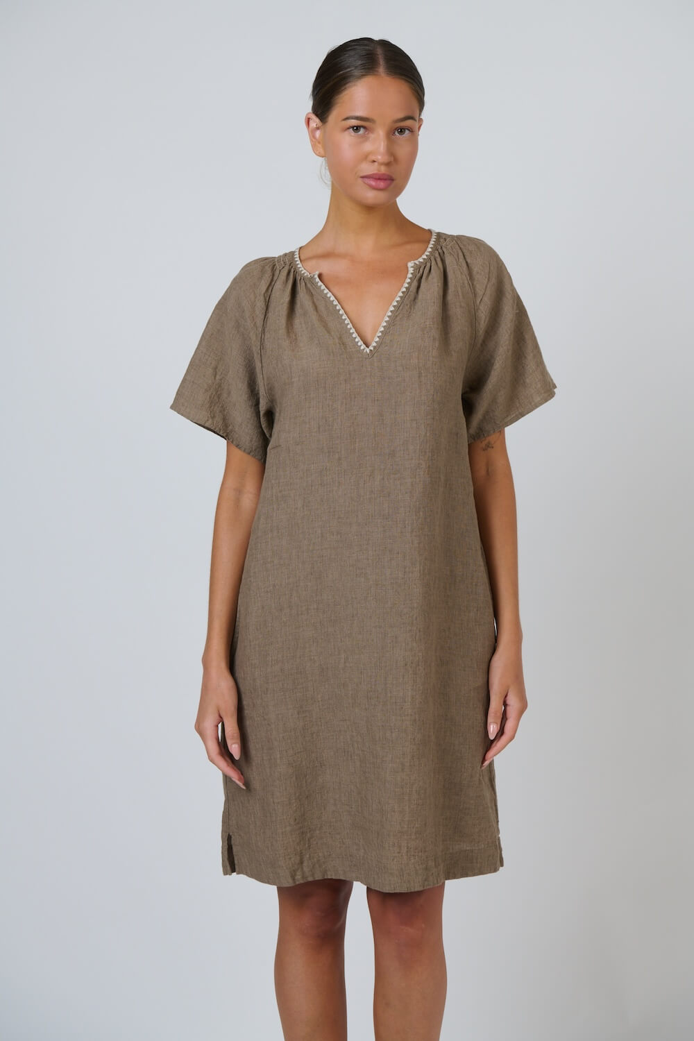 Naturals by O & J - V Neck Linen Dress (GA703) - Agate