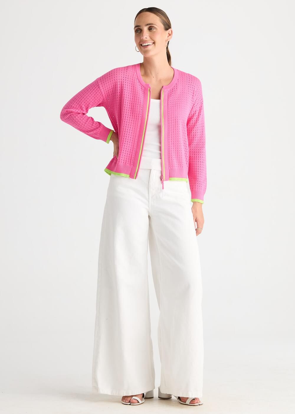 Zaket & Plover - Pointelle Zip Cardi - Pop Pink (ZP8809)