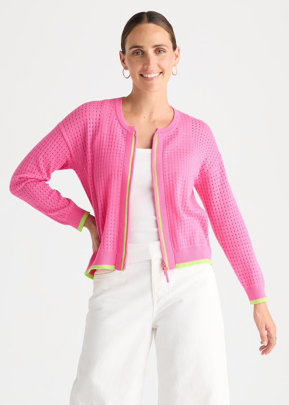 Zaket & Plover - Pointelle Zip Cardi - Pop Pink (ZP8809)