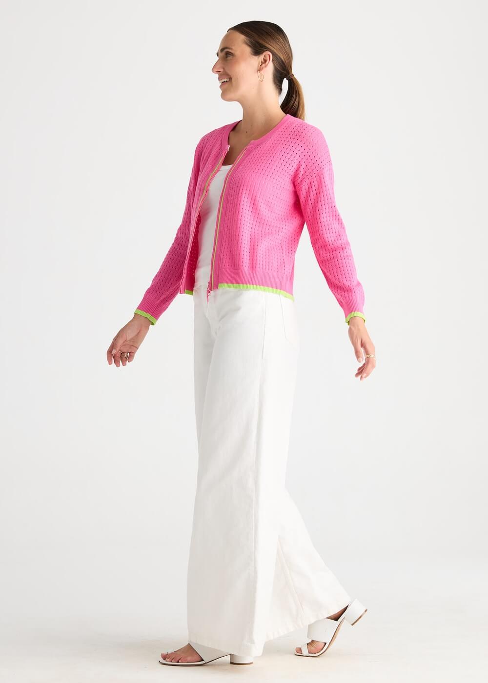 Zaket & Plover - Pointelle Zip Cardi - Pop Pink (ZP8809)