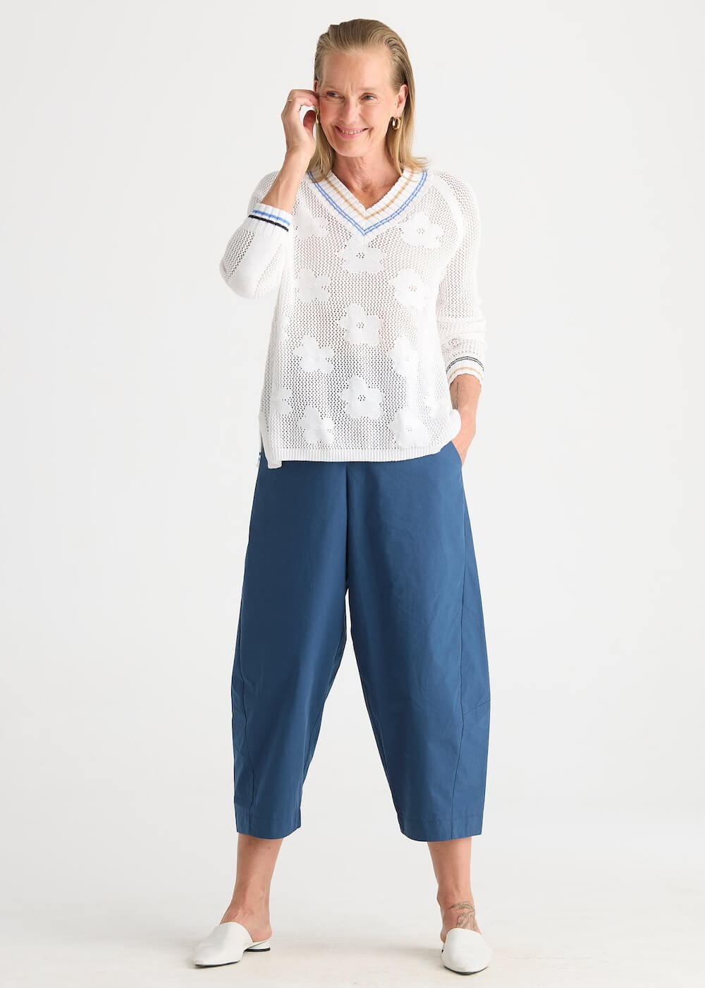 Zaket & Plover - Floral Pointelle Vee - White (ZP8813)